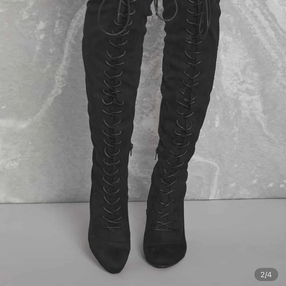 Faux Suede Lace-Up Bow Decor Thigh-High Boots Size 8